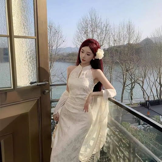 Sleeveless Keyhole Floral Maxi Qipao / Fringe Plain Shawl / Set