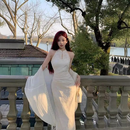 Sleeveless Keyhole Floral Maxi Qipao / Fringe Plain Shawl / Set