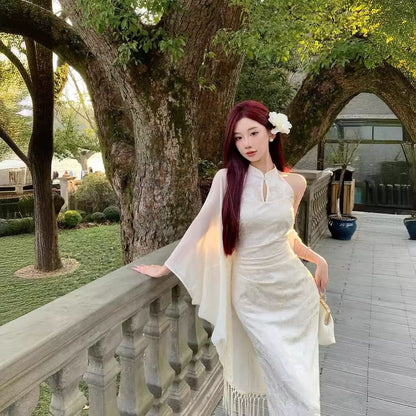 Sleeveless Keyhole Floral Maxi Qipao / Fringe Plain Shawl / Set
