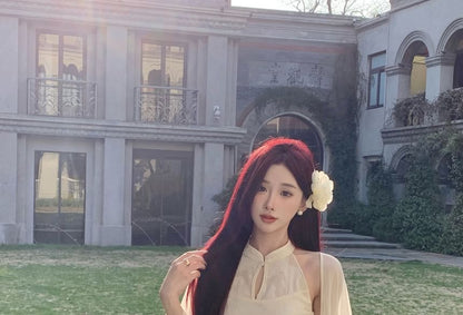 Sleeveless Keyhole Floral Maxi Qipao / Fringe Plain Shawl / Set