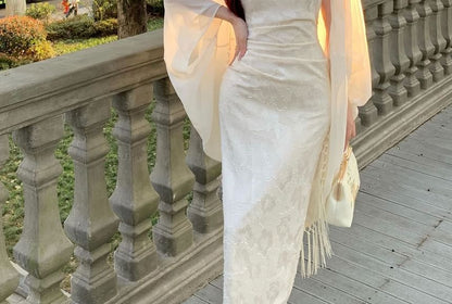 Sleeveless Keyhole Floral Maxi Qipao / Fringe Plain Shawl / Set