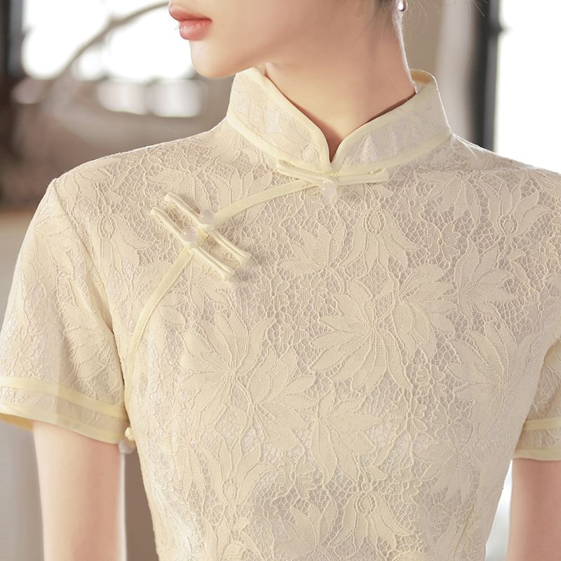 Short Sleeve Mandarin Collar Floral Embroidered Midi A-Line Qipao