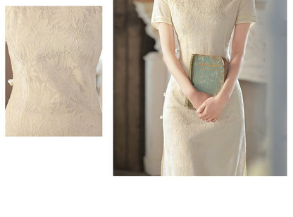 Short Sleeve Mandarin Collar Floral Embroidered Midi A-Line Qipao