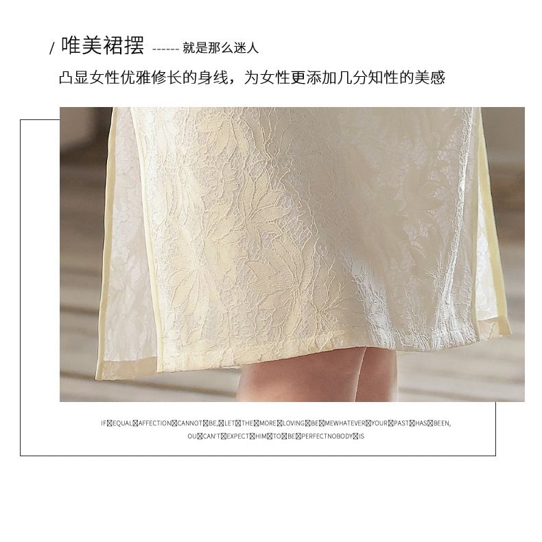 Short Sleeve Mandarin Collar Floral Embroidered Midi A-Line Qipao