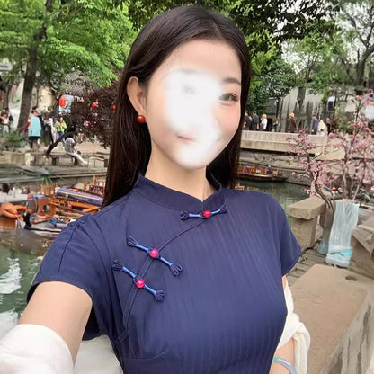 Short Sleeve Mandarin Collar Plain Maxi Qipao