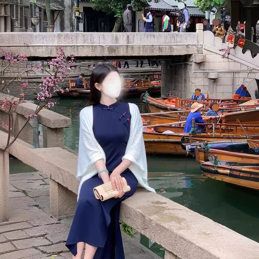 Short Sleeve Mandarin Collar Plain Maxi Qipao