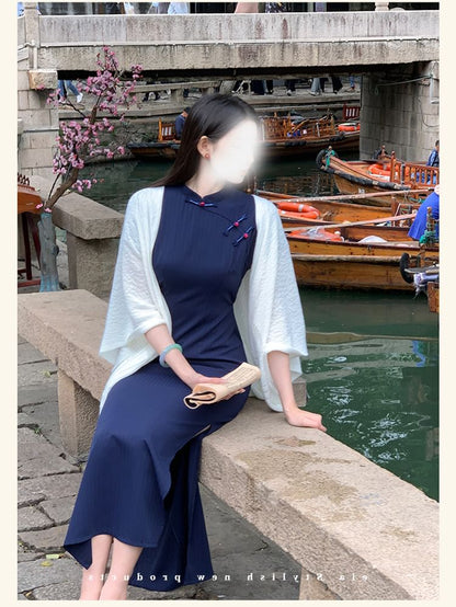 Short Sleeve Mandarin Collar Plain Maxi Qipao
