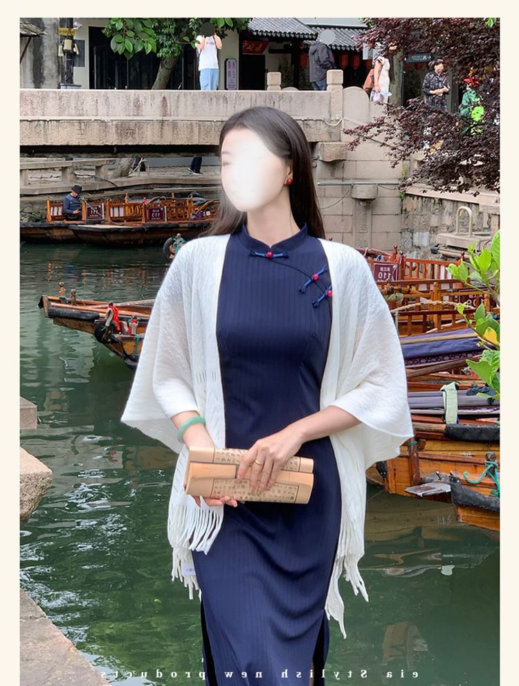 Short Sleeve Mandarin Collar Plain Maxi Qipao