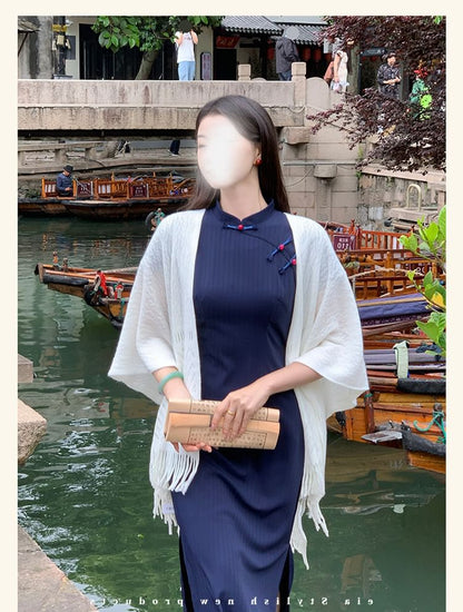 Short Sleeve Mandarin Collar Plain Maxi Qipao