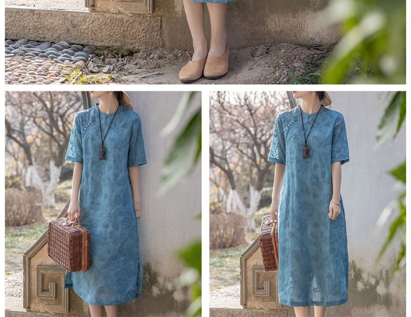 Short Sleeve Mandarin Collar Floral Embroidered Midi A-Line Dress