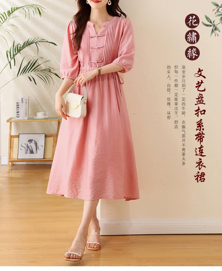 Elbow-Sleeve Notch Neck Plain Bowknot Midi A-Line Dress