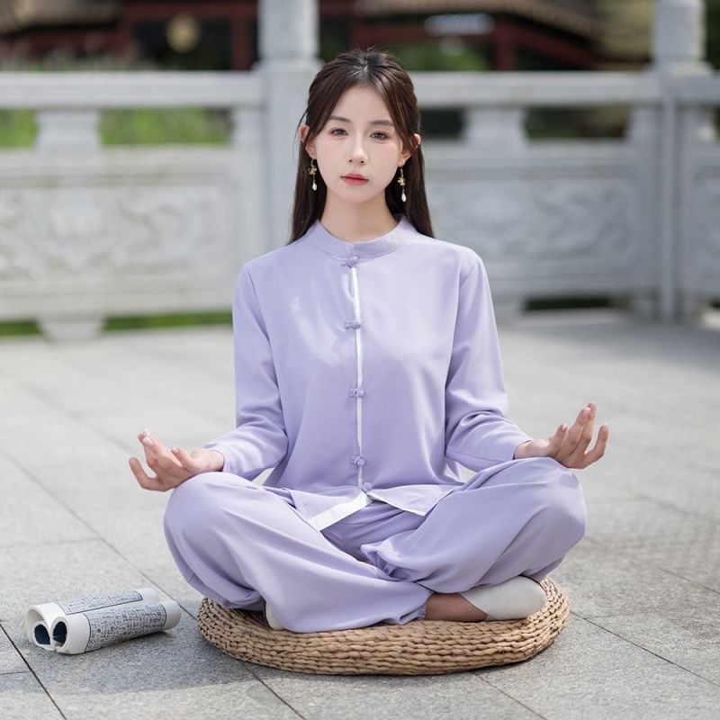 Set: Long-Sleeve Band Collar Plain Hanfu Blouse + Mid Rise Plain Wide Leg Pants