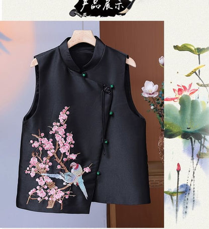 Mandarin Collar Embroidered Bird Floral Button Vest