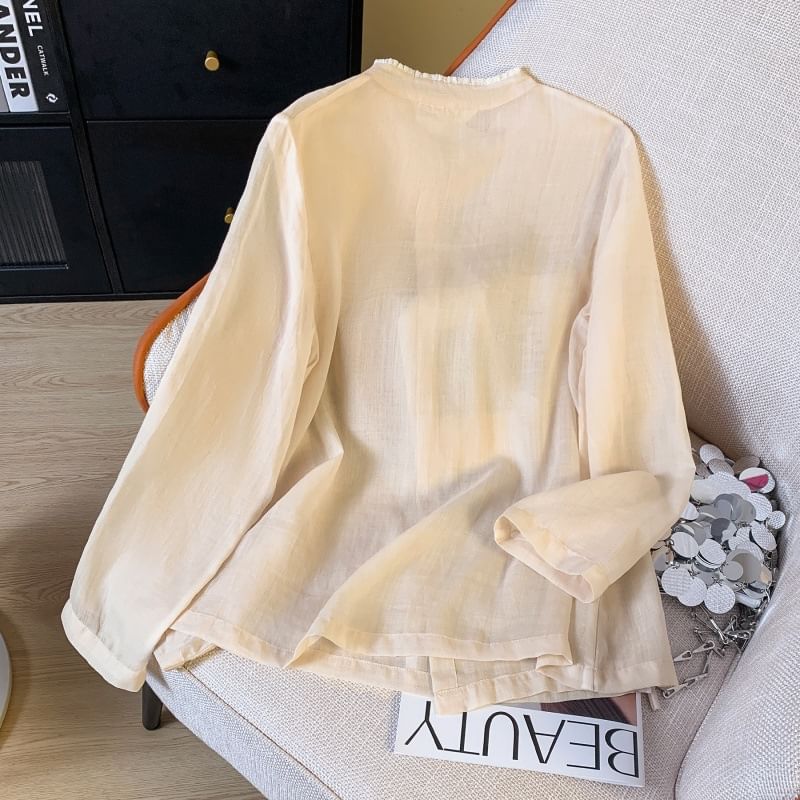 Long Sleeve Band Collar Plain Hanfu Blouse