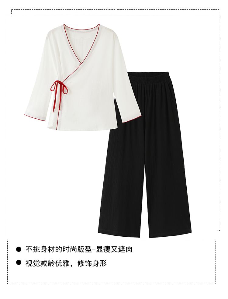 Long-Sleeve V-Neck Contrast Trim Hanfu Top / Mid Rise Plain Wide Leg Pants