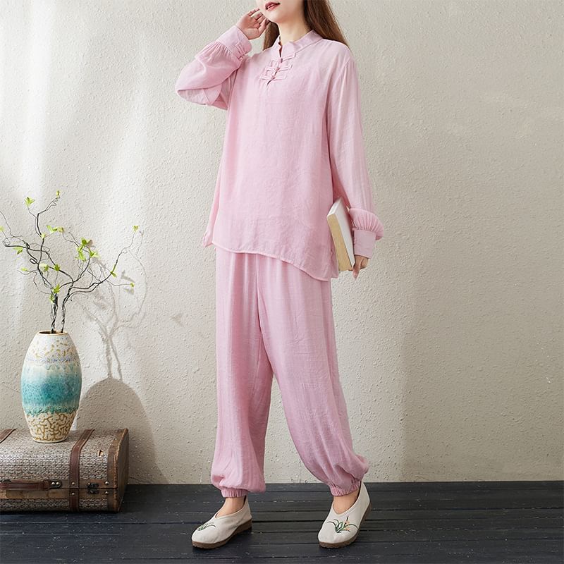 Set: Long-Sleeve Band Collar Plain Hanfu Top + Plain Camisole Top + Mid Rise Plain Harem Pants