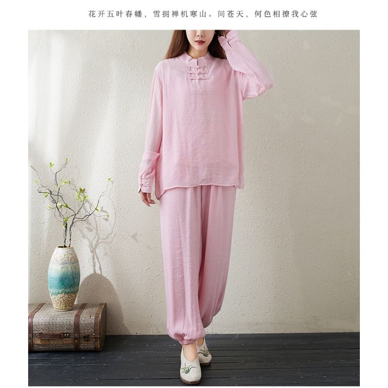 Set: Long-Sleeve Band Collar Plain Hanfu Top + Plain Camisole Top + Mid Rise Plain Harem Pants