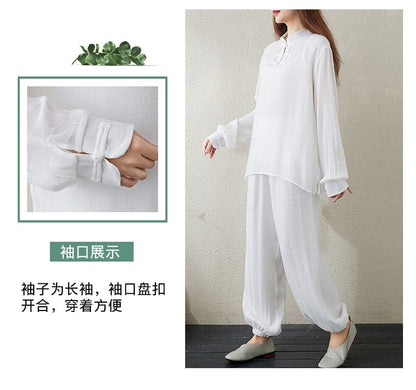 Set: Long-Sleeve Band Collar Plain Hanfu Top + Plain Camisole Top + Mid Rise Plain Harem Pants