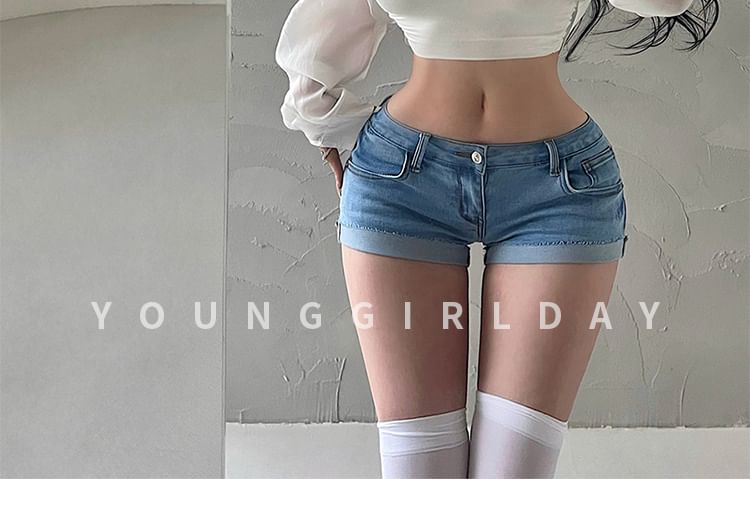 Low Rise Washed Denim Hot Pants