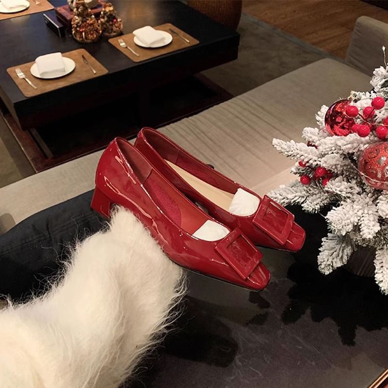 Buckled Toe Heel Chunky Pumps Square