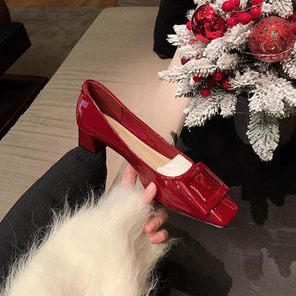 Buckled Toe Heel Chunky Pumps Square