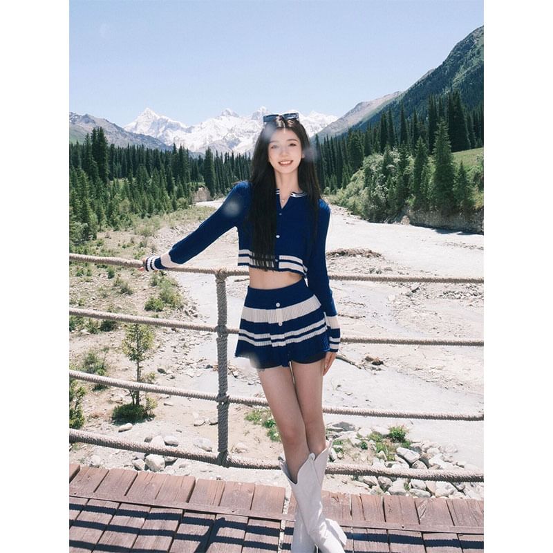 Striped Crop Cardigan with Mini A-Line Skirt Set