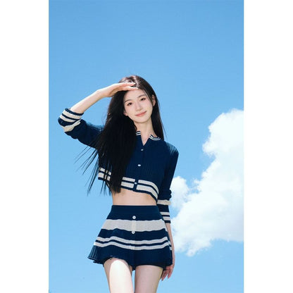 Striped Crop Cardigan with Mini A-Line Skirt Set