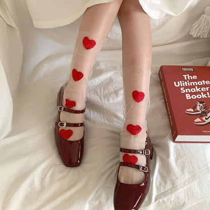 Heart Embroidered Sheer Socks