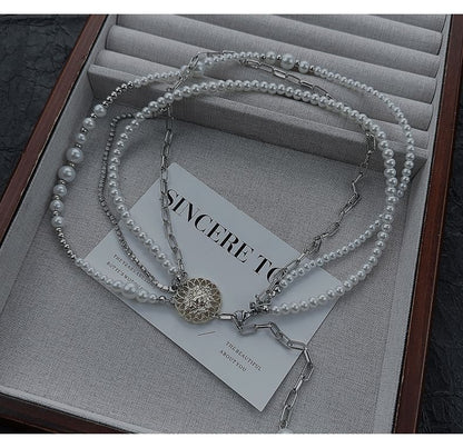 Faux Pearl Rhinestone Layered Chain Necklace