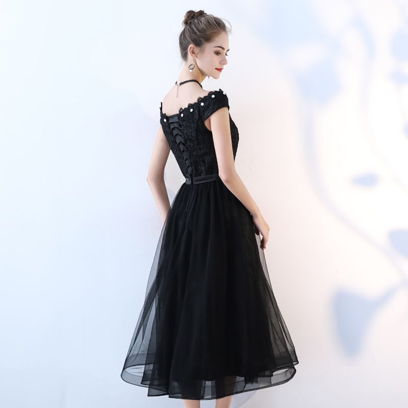 Cap-Sleeve Off Shoulder Floral Lace Midi A-Line Cocktail Dress