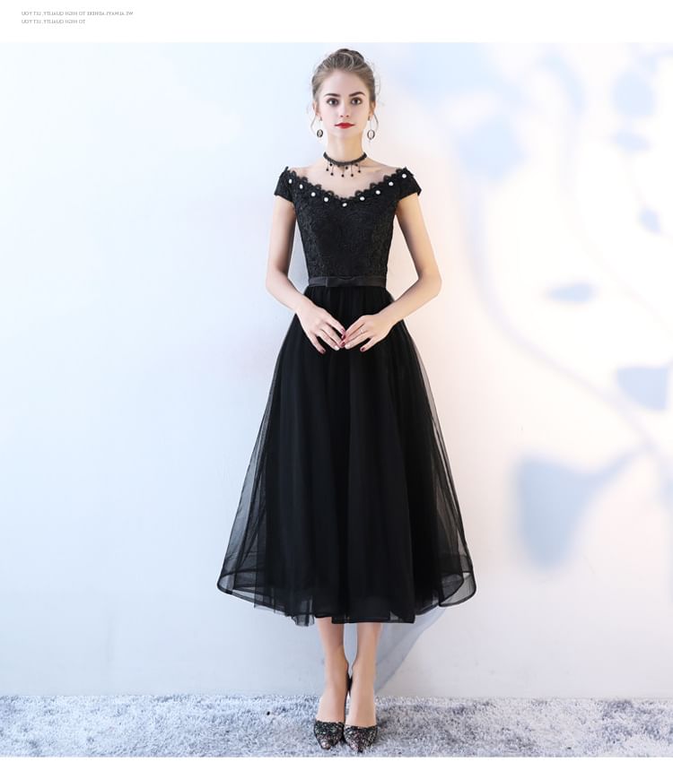 Cap-Sleeve Off Shoulder Floral Lace Midi A-Line Cocktail Dress