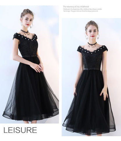 Cap-Sleeve Off Shoulder Floral Lace Midi A-Line Cocktail Dress