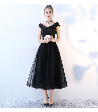 Cap-Sleeve Off Shoulder Floral Lace Midi A-Line Cocktail Dress