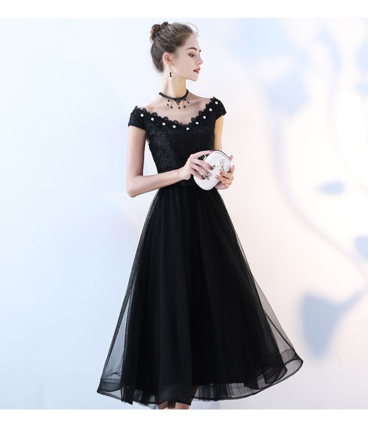 Cap-Sleeve Off Shoulder Floral Lace Midi A-Line Cocktail Dress