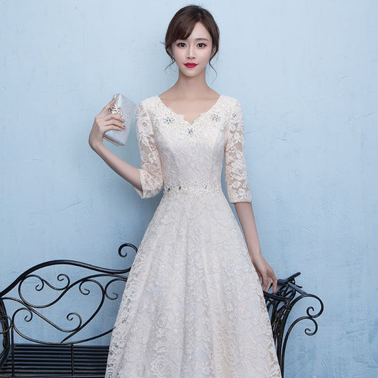 3/4-Sleeve V-Neck Floral Lace A-Line Evening Gown