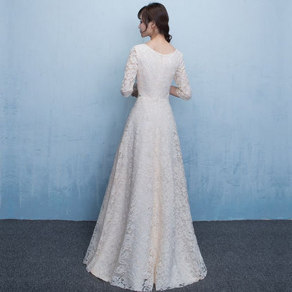 3/4-Sleeve V-Neck Floral Lace A-Line Evening Gown
