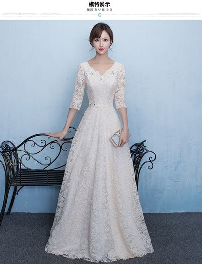 3/4-Sleeve V-Neck Floral Lace A-Line Evening Gown