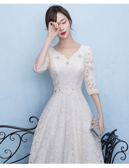 3/4-Sleeve V-Neck Floral Lace A-Line Evening Gown