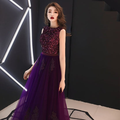 Sleeveless Round Neck Sequin Maxi A-Line Evening Dress