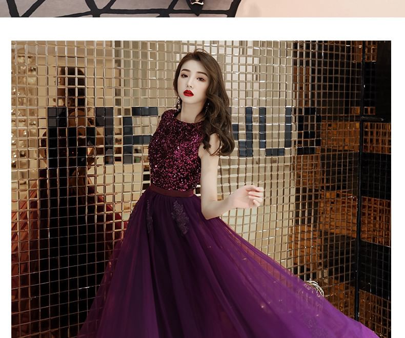 Sleeveless Round Neck Sequin Maxi A-Line Evening Dress