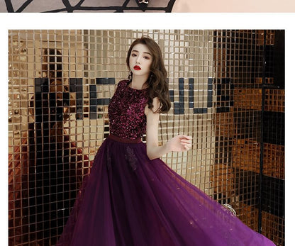 Sleeveless Round Neck Sequin Maxi A-Line Evening Dress