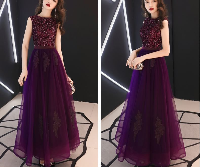 Sleeveless Round Neck Sequin Maxi A-Line Evening Dress