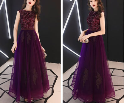 Sleeveless Round Neck Sequin Maxi A-Line Evening Dress