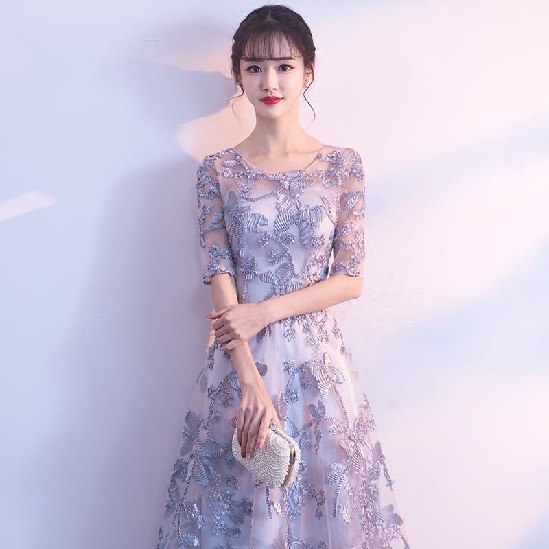 Elbow-Sleeve Scoop Neck Butterfly Embroidered A-Line Evening Gown