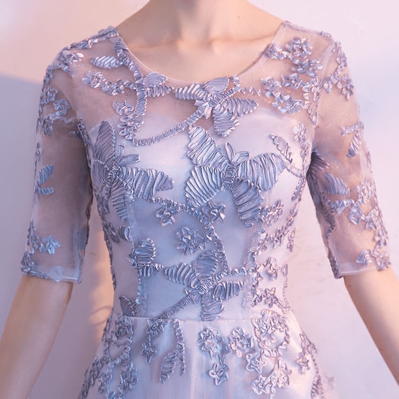 Gown Scoop Butterfly Embroidered Elbow-Sleeve A-Line Neck Evening