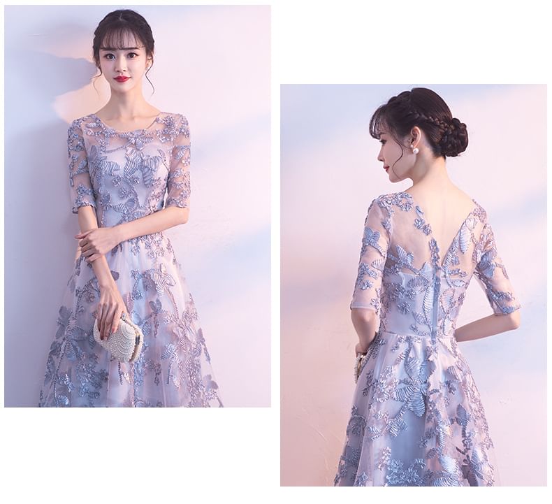 Elbow-Sleeve Scoop Neck Butterfly Embroidered A-Line Evening Gown
