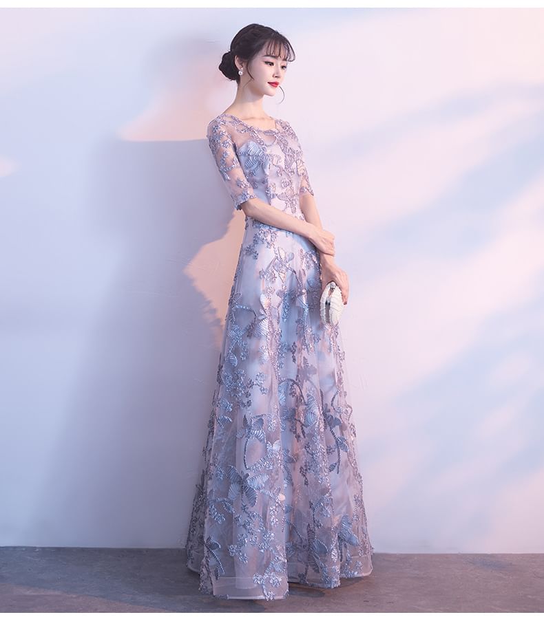 Elbow-Sleeve Scoop Neck Butterfly Embroidered A-Line Evening Gown