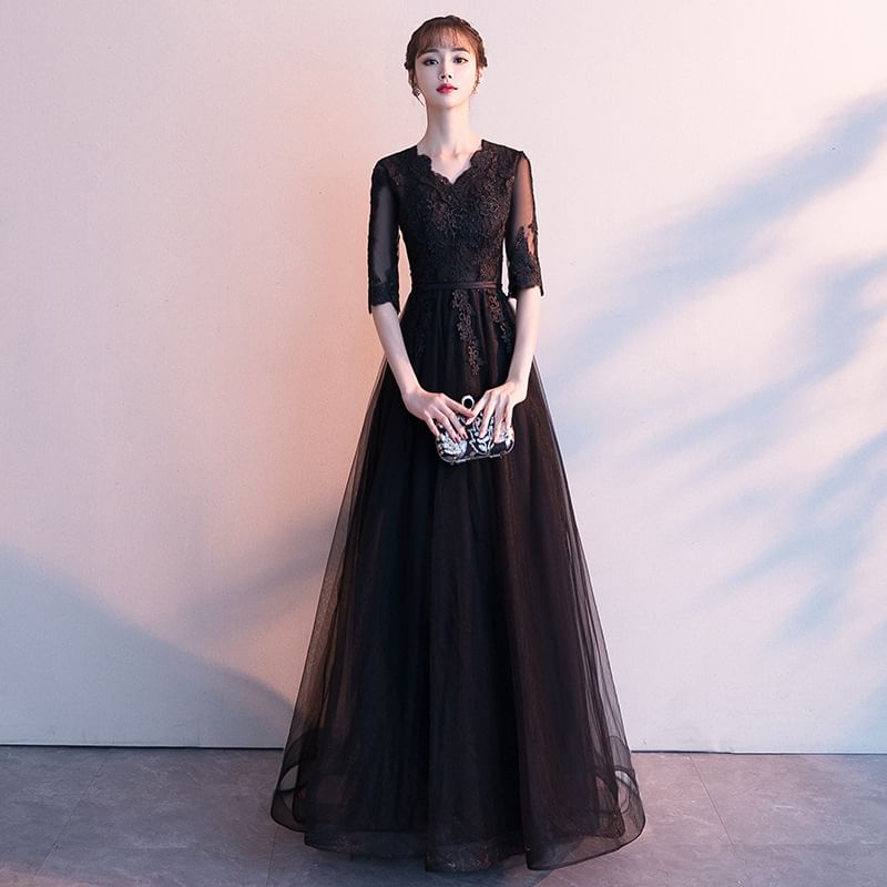 / Dress A-Line Evening Lace Asymmetrical V-Neck Gown 3/4-Sleeve Cocktail