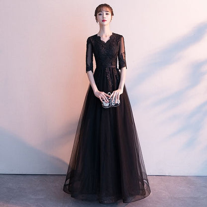 3/4-Sleeve V-Neck Lace A-Line Evening Gown / Asymmetrical Cocktail Dress