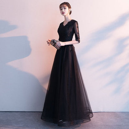 3/4-Sleeve V-Neck Lace A-Line Evening Gown / Asymmetrical Cocktail Dress